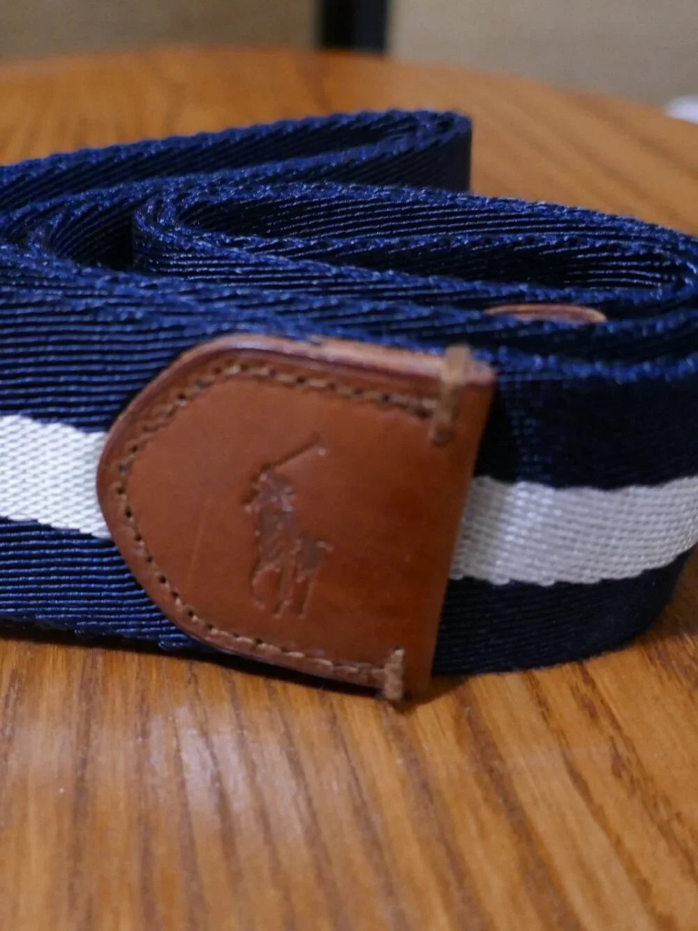 Polo Ralph Lauren Navy and White Striped Fabric Webbed Belt Leather Trim 42